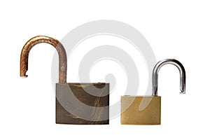 Opened padlocks on a white background