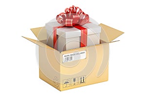 Opened parcel with gift box, gift delivery concept. 3D rendering