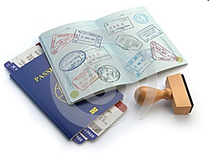 Opened passport with visa stamps and airline boading pass ticket