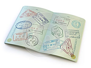 Opened passport with visa stamps on the pages on white
