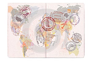 Opened passport with Visas, Stamps, Seals. World Map Travel or Tourism concept