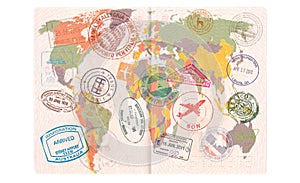 Otvorené pas víza pečiatky tesnenia. cestovať alebo cestovný ruch 