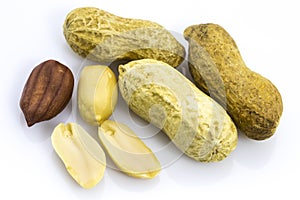 Opened Peanuts on the white background