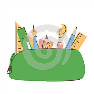 Opened pencil case vector isolated. School supplies