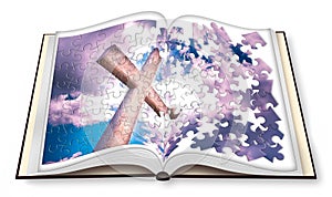 Opened photobook with christian cross in puzzle shape - concept image