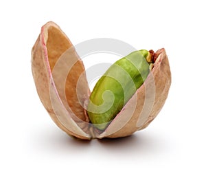 Opened pistachio nut on white background