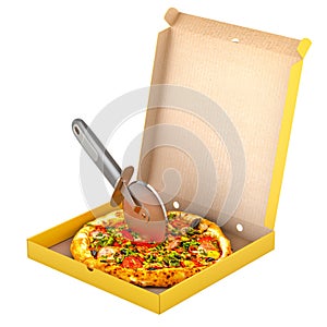 Opened pizza box with pizza and pizza cutter, 3D rendering