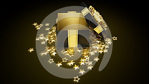 Opened present box with goldish stars for black friday give-away - abstract 3D rendering