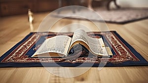 Opened Quran on Muslim prayer mat indoors. Generative AI