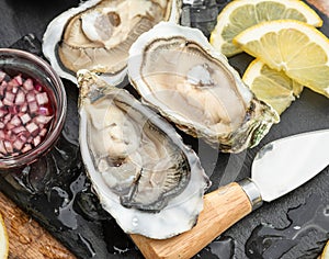 Opened raw oysters with sauce and lemon slices on gray stone serving board. Delicacy food photo