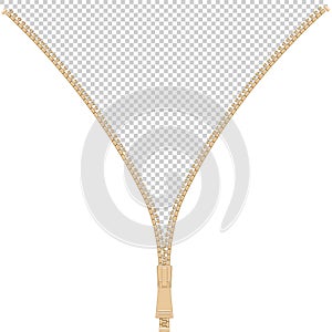 Opened realistic gold zipper on transparent background