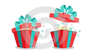 Opened red gift box and flying up lid with bow, magic surprise inside. Isolated gifts on a white background. Holiday and
