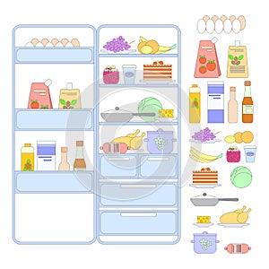 Opened refrigerator with different foods. Isolated images of products.