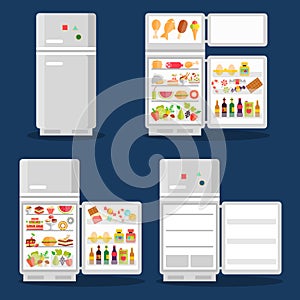 Opened refrigerator with food in flat style vector design illustration