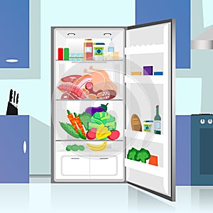 Opened Refrigerator Food Home Kitchen Interior