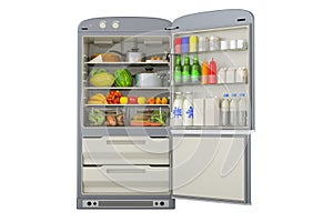 Opened refrigerator with fresh fruits and vegetables and healthy food, 3D rendering