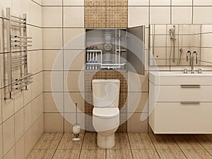 Opened secret door that hides drainage pipes in bathroom interior photo