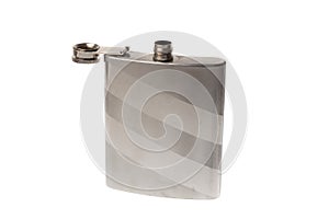 Opened shiny metal flask for liquids, isolated on white background