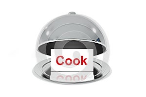Opened silver cloche with white sign cook