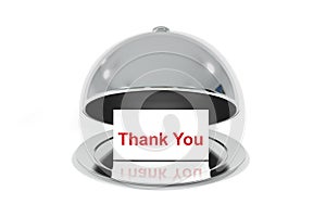 Opened silver cloche with white sign thank you message