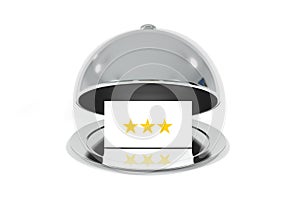 Opened silver cloche with white sign three stars rating