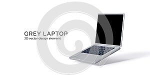 Opened silver laptop mock up with black keyboard and screen. Realistic render of modern portable computer