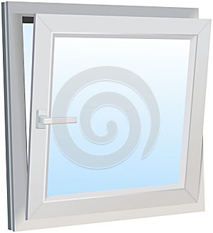 Opened slanted modern window with blue background