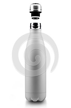 Opened stainless thermo water bottle, close-up isolated on white background.