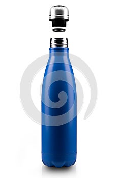 Opened stainless thermo water bottle, close-up isolated on white background.