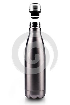 Opened stainless thermo water bottle, close-up isolated on white background.