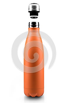 Opened stainless thermo water bottle, close-up isolated on white background.