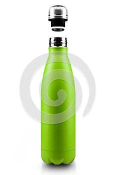 Opened stainless thermo water bottle, close-up isolated on white background.