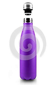 Opened stainless thermo water bottle, close-up isolated on white background.