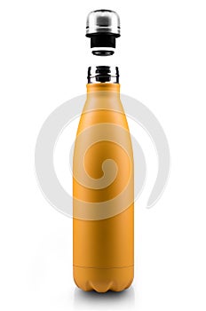 Opened stainless thermo water bottle, close-up isolated on white background.