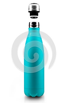 Opened stainless thermo water bottle, close-up on white background.