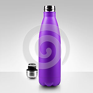 Opened stainless thermo water bottle, close-up on white background.