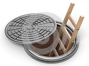 Opened street manhole with wooden ladder inside. 3D