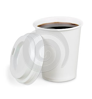 Opened take-out coffee with cup holder. Isolated