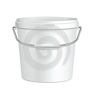 Opened Tall White Tub Paint Plastic Bucket Container With Metal Handle. Plaster, Putty, Toner. Ready For Your Design.