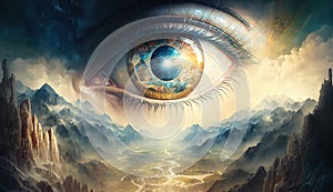 Opened Third Eye looking over a beautiful valley with golden light. Generative AI