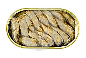 Opened tin can with conserved sprat fish