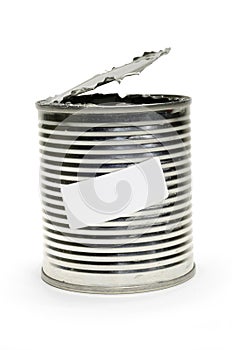 Opened tin can with label