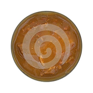 Opened tin of roast beef in gravy