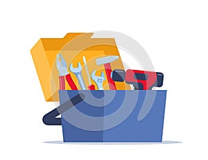 Opened toolbox with instruments inside. Workman`s toolkit. Tool chest with hand tools. Workbox in flat style. Vector illustration