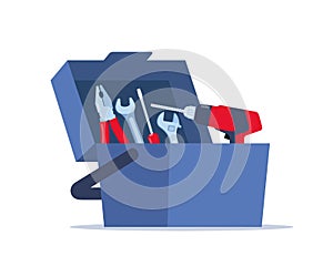 Opened toolbox with instruments inside. Workman`s toolkit. Tool chest with hand tools. Workbox in flat style. Vector illustration photo