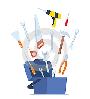 Opened toolbox with tools putting in it. Workman\'s toolkit. Instruments in workbox. Vector illustration photo