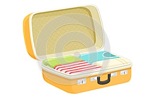 Opened travel suitcase full of things for summer vacation. Flat design. Vector illustration isolated on white background