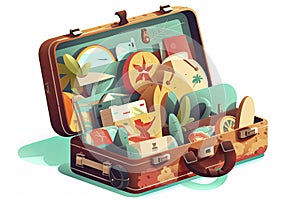 Opened travel suitcase full of things for summer vacation. Vector illustration isolated on white background