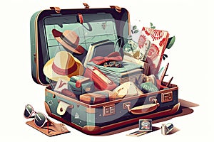 Opened travel suitcase full of things for summer vacation. Vector illustration isolated on white background