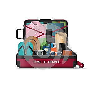 Opened travel suitcase. Summer vacation concept. Vector illustration isolated on white background